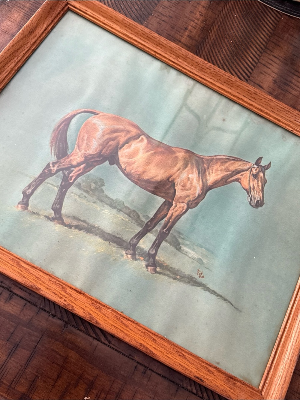Vintage 1960s Elmore Brown 12x16 Wood Frame Horse Print Equestrian READ
